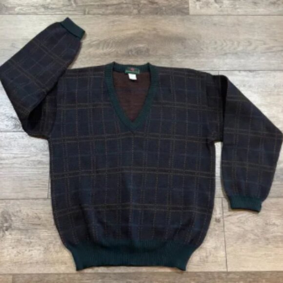 Vintage 1970s Plaid Pure Wool V Neck Sweater - Men's Size Medium - Picture 1 of 6